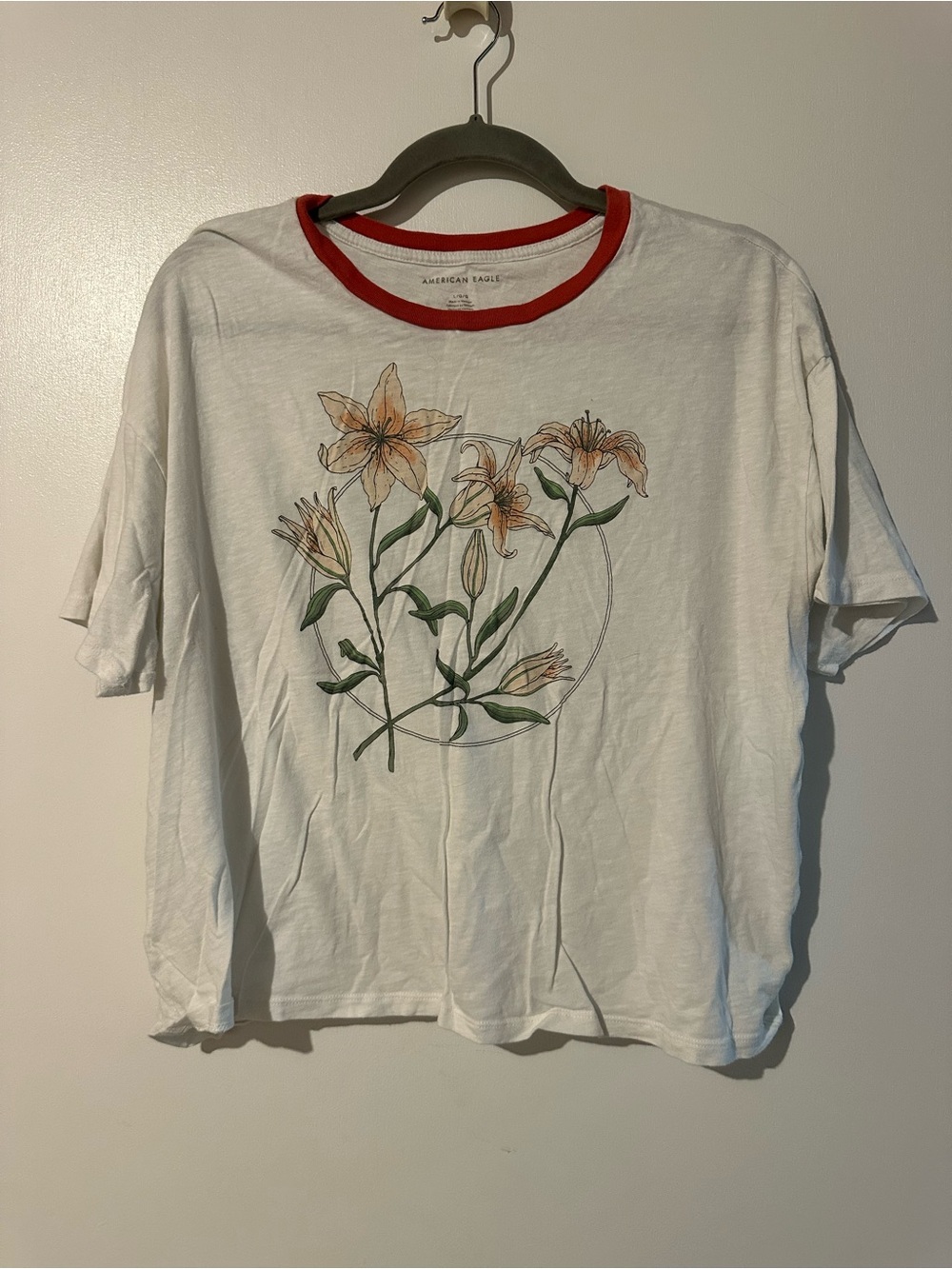 American Eagle Outfitters White Tee with Orange Floral Graphic and Red Ringer